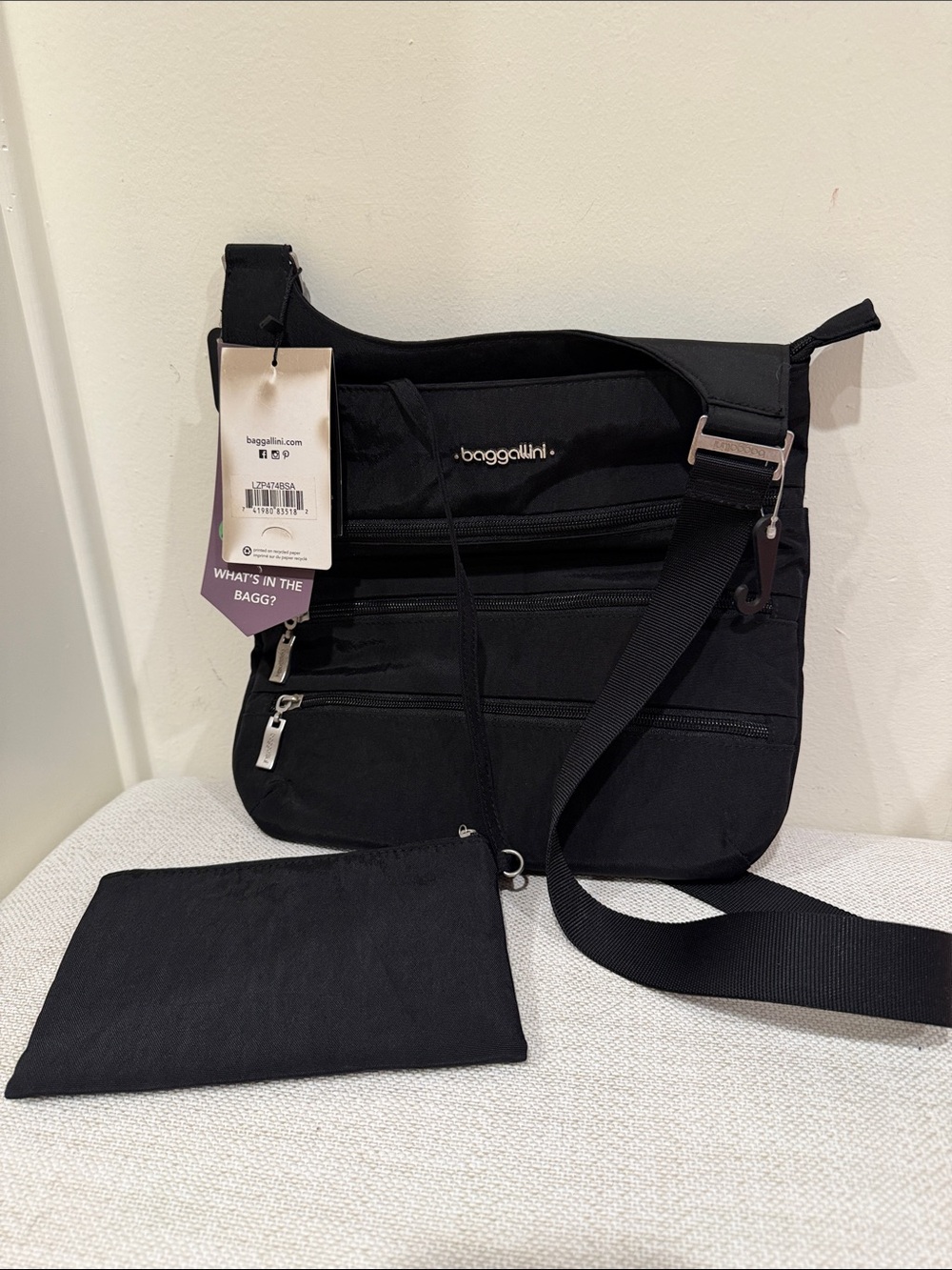 NWT Baggallini Black Nylon Crossbody with Matching Attached Pouch